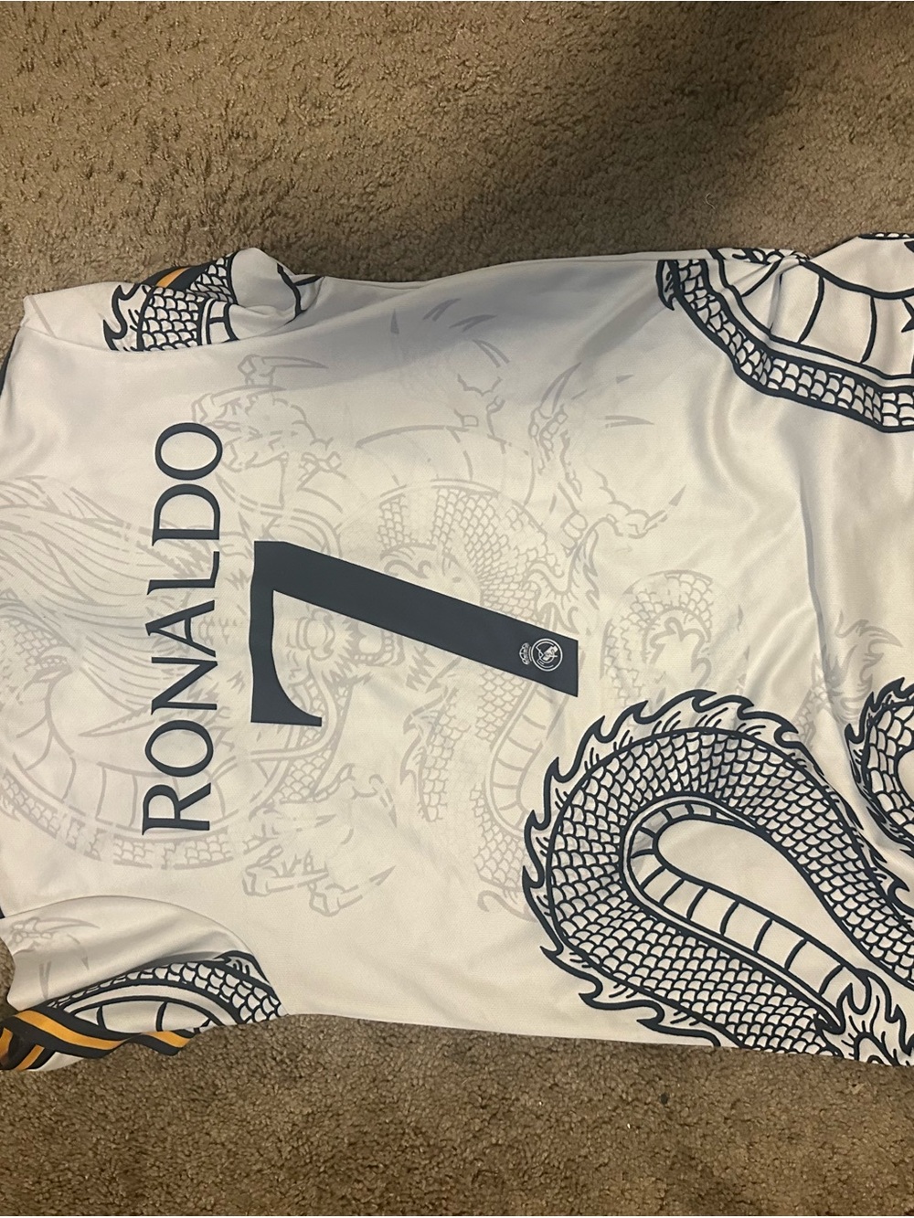 Cristiano Ronaldo #7 Dragon Print Soccer Jersey - White & Navy